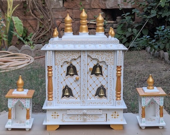 Handmade Wooden Pooja Mandir with Golden Bells: Sustainable Home Temple