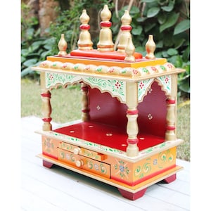 Wooden Temple Mandir For Home Indian Handcrafted Red Gold Pooja Ghar Wall Mount Wall Hanging Mandap With Gift Home Decor Art