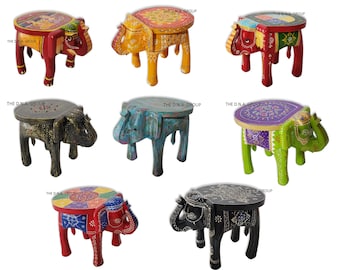 Wooden Handmade Small Elephant Stool Hand Carved Traditional Low Height Bajot Decorative Painted Table Home Decor Bedside Indian Furniture
