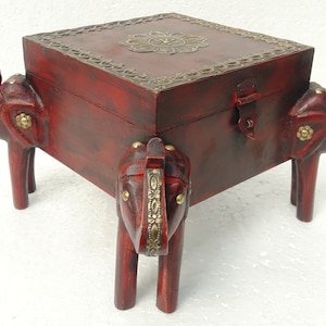 Elegante caja de regalo de madera, recuerdo con 4 caras de elefante, cajón para joyas contemporáneo, estante de latón, decoración tradicional india.