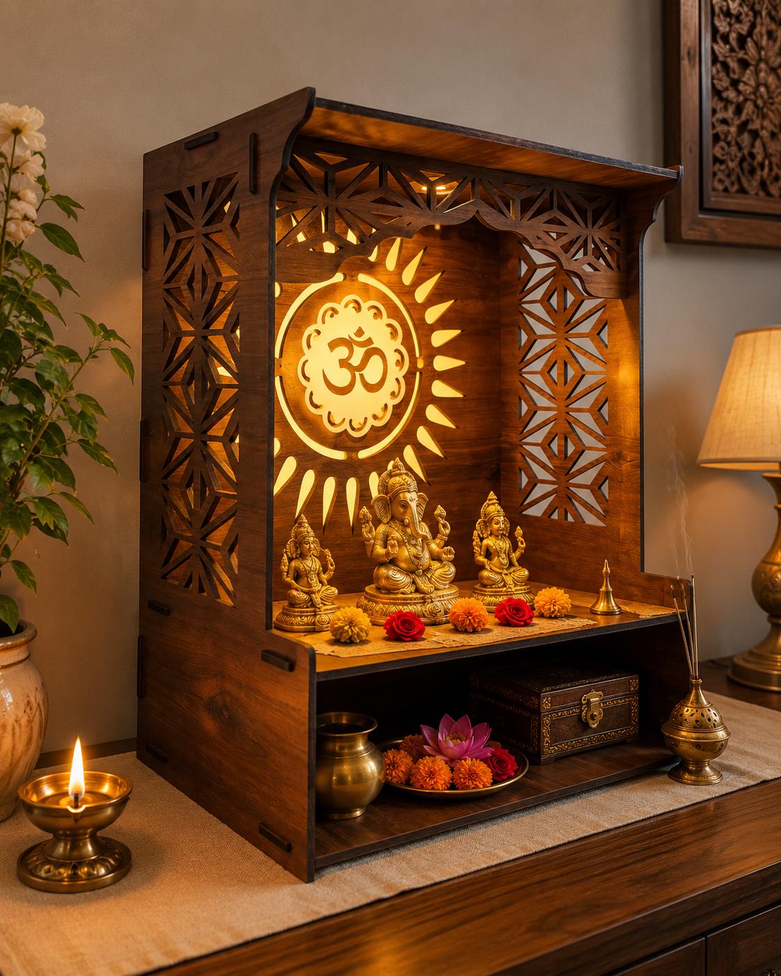 Large LED Wooden Mandir, Om Pooja Temple with Jali Design, Walnut Finish Puja Altar