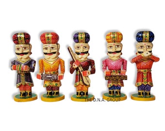 Rajasthani Traditional Painted Statues, Handmade Wooden Figuring set/5, Wooden Standing Musical Decor, Bright Colours Indian Gifts Souvenirs