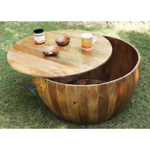 30&quot;Wood Round Coffee Table With Storage, Living Room Drum Coffee Table, Low Circle Table, Handmade Cocktail Table, Indian Decor Furniture