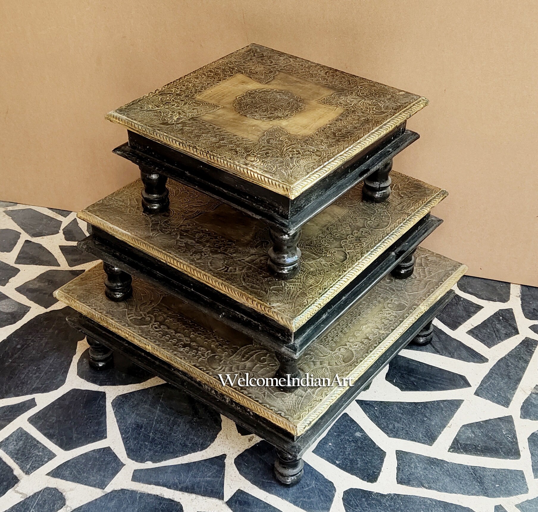 Indian Wooden Brass Fitted Designer Chowki/Handpainted Choki Religious Purpose | Beautiful Wood Carved Bajot Hand Painted Stool Set Of 3