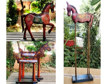 Wooden Colorful Horse Statue, Figure, Showpiece, Home Decor, Handmade Unique Hand Painted, Traditional Indian Style Home Decor Art