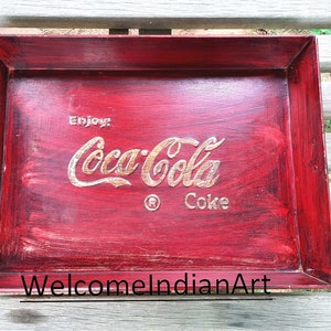 Antique Metal Tray/ 1 Set of 2 Trays Old Metal Coca Cola Tray/ Vintage Serving Tray/ Hand Painted Recycled With Small Rustic Serving Tray