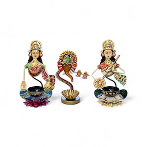 Hand painted iron Laxmi ji, Saraswati ji & Ganesh ji set of 3 tea light candle holder decorative showpiece, beautiful home, office art decor