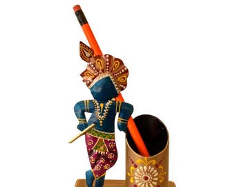 Handmade Iron Pen Holder: Krishna Desk Organizer