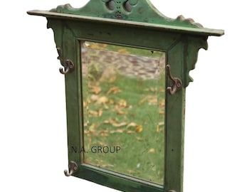 初期ヴィンテージの木製彫刻フレーム付き壁掛け玄関ミラー（フック4つ