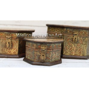 Handmade Wood Brass Box Set: Vintage Indian Art Trinket Storage
