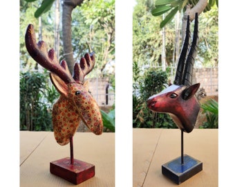 Set Of 2 Wooden Animal Deer Head Statue Figurine Hand Carved Animal Hand Painted Traditional Indian Style table Top Home Decor Free Shipping