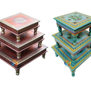 Indian Wooden Handpainted Chowki Wooden Handmade Bajot / Wooden Chowki Low Height Stool Set of 3 Religious Gift