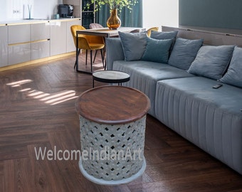 Handmade Wood Coffee Table: Round Balcony End Table, Christmas Decor