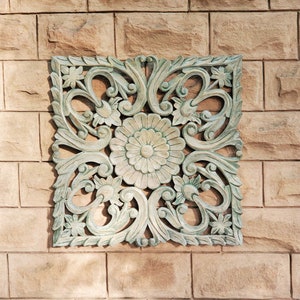 Wooden Wall Panel For Home Décor Handcrafted Lotus Flower Hanging Art Wall Decor Handmade Carved Frame Indian Distressed Finish 60x1.75x60Cm
