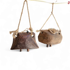 Antique Iron Cow Bell Pair: Rustic Tribal Hanging Decor