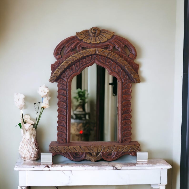 Handmade Rajasthani Jharokha Wood Frame: Hanging Wall Mirror image 4