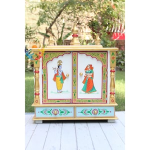 Wooden Temple Handmade  Mandir Hand Painted God Krishna Pooja Ghar Wall Hanging Mandap Handcrafted Religious Shrine Ethnic Decor