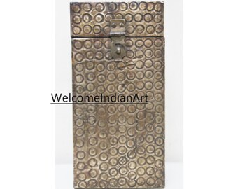 Vintage handgemaakte houten wijnkist: Indiaas decor messing inlegwerk