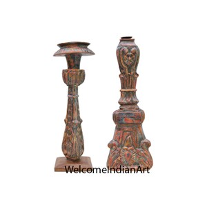 Handmade Wooden Lotus Floral Candle Stand for Living Room Decor Handcrafted Wooden Wicks Table Decor Antique Rustic Pillar Candle Holder