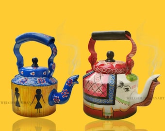 Handpainted Aluminum Tea Kettle: Indian Decorative Teapot