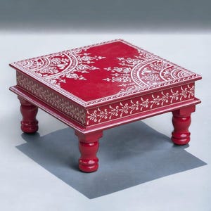 Handmade Indian Wooden Painted Chowki Bajot Pooja Patla Meditation Table Traditional Religious Low Height Table Stool For Home Decor Gifts