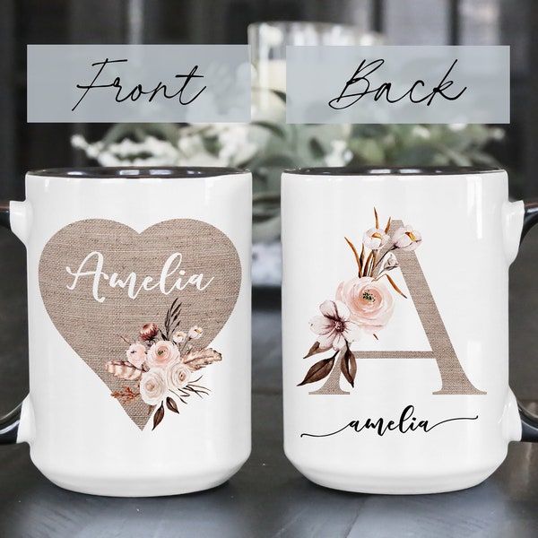 Feminine coffee mug, tea lover gift, unique ceramic drinkware, personalized gift for women, stylish monogram name design, farmhouse-inspired