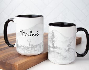Custom Deer Mug: Hand-Sketched Woodland Design, Personalized Coffee Cup, Multiple Sizes & Colors Available (Gift Box Included)