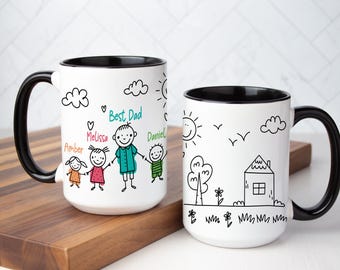Personalized Dad Mug with hand drawing design, Father's Day Gift, Custom Kids Names