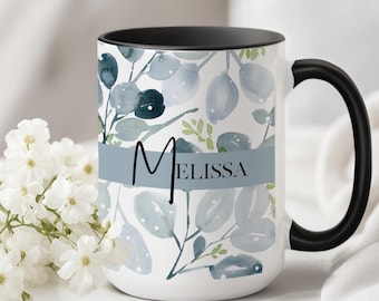 Personalized Floral Watercolor Ceramic Mug, Blue Sage Botanical designed Cup, Gift for Her