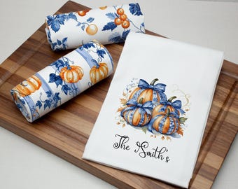 Personalized Toile Pumpkin Tea Towel Set - Blue & Orange Farmhouse Fall Decor