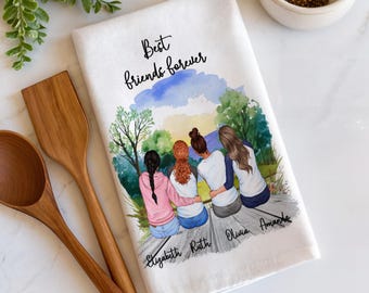 Custom Best Friends Tea Towel, Personalized with 2 to 4 Friends, Custom Names, Hair, Outfits and Backgrounds, Friendship Gift, Keepsake Gift