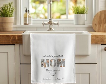 World's Greatest Mom Tea Towel 3-piece set, Custom Peach floral Kitchen Towels with Kids' Names and special message, Mother's Day Gift