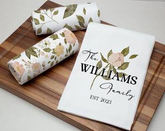 Set of 3 Floral Family Name Tea Towel – Custom Last Name Kitchen Decor – Housewarming/Wedding Gift – Est. Date Keepsake, Fall colors palette