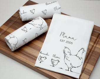 Personalized Hen & Chicks Tea Towel Set: Farmhouse Kitchen Decor