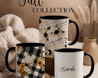 Custom Pumpkin Floral Coffee Mug: Buffalo Plaid Fall Decor Set