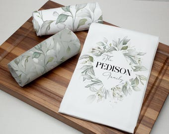 Personalized Botanical Tea Towel Set: Soft Greenery Kitchen Decor, Farmhouse style Gift