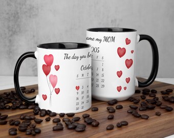 Personalized Mom Coffee Mug: Custom Date, Balloons/Hearts