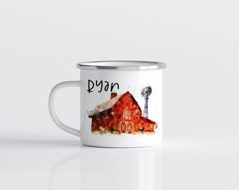 Personalized Barn Enamel Camp Mug: Custom Kids Mug, Farmhouse Decor