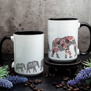 Mauve Pink Floral Mama Elephant Mug with Custom Kids, Personalized Family Gift Mug