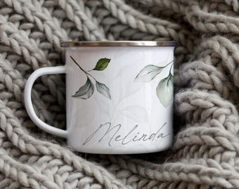 Personalized Enamel Camp Mug: Rustic Leaf Design, Nature Lover Gift