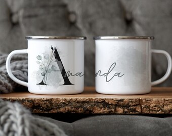 Personalized Enamel Camp Mug: Green Monogram, Multiple Sizes & Colors Available