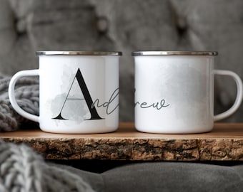 Personalized Enamel Camp Mug: Green Hues Monogram, Multiple Sizes & Colors Available (Gift Box Included)