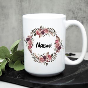 Pink Mauve Floral Wreath Ceramic Mug, Personalized Coffee Mug for Women, Unique gift idea for her in White or with Black accent, 11oz & 15oz