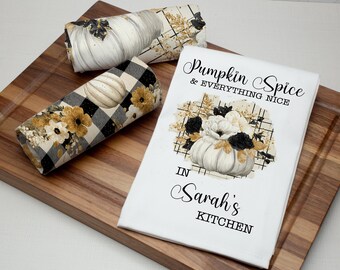 Personalized Pumpkin Spice Tea Towel Set: Rustic Fall Decor