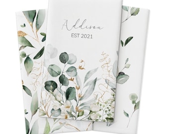 Personalized Botanical Tea Towel Set: Custom Name & Year, Greenery Kitchen Decor