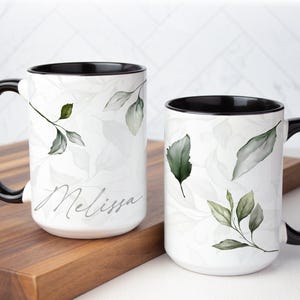 Personalized Green Leaf Coffee Mug: Silver Design, Multiple Sizes & Colors Available