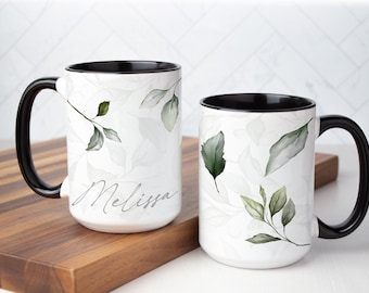 Personalized Green Leaf Coffee Mug: Silver Design, Multiple Sizes & Colors Available