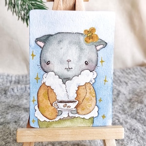 Carte postale originale ACEO « Coffee Cat », peinture originale miniature pour art mural et objets de collection