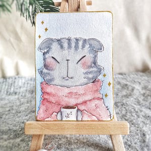 Carte postale originale ACEO « Café chaud », peinture originale miniature pour art mural et objets de collection Carte postale ACEO, taille 2,5 x 3,5 pouces