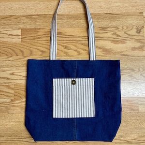 Tote Bag.  Denim Canvas Market Tote Bag. 100% Cotton Reusable Shopping Farmers Market Sustainable Upcycled Denim Tote.